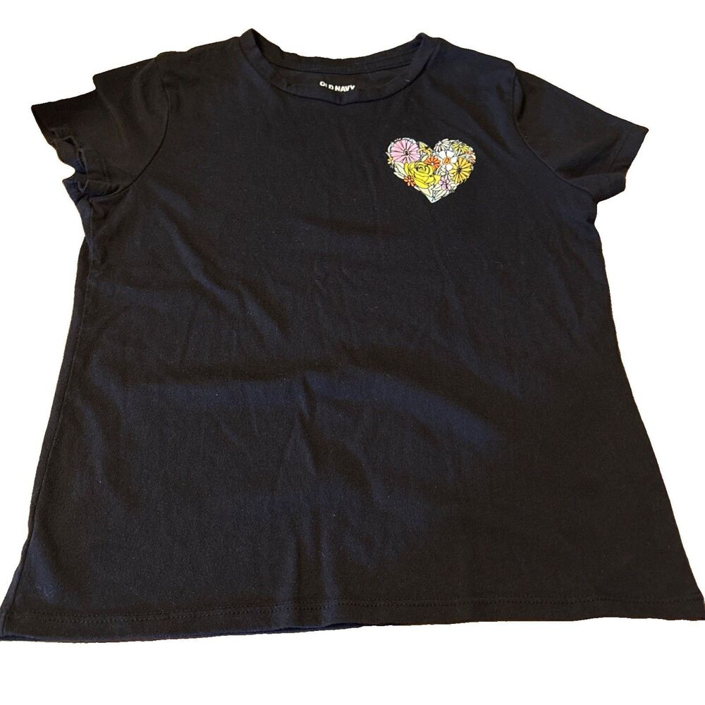 Girls Old Navy Black Heart Graphic Fitted T-Shirt Size 10-12